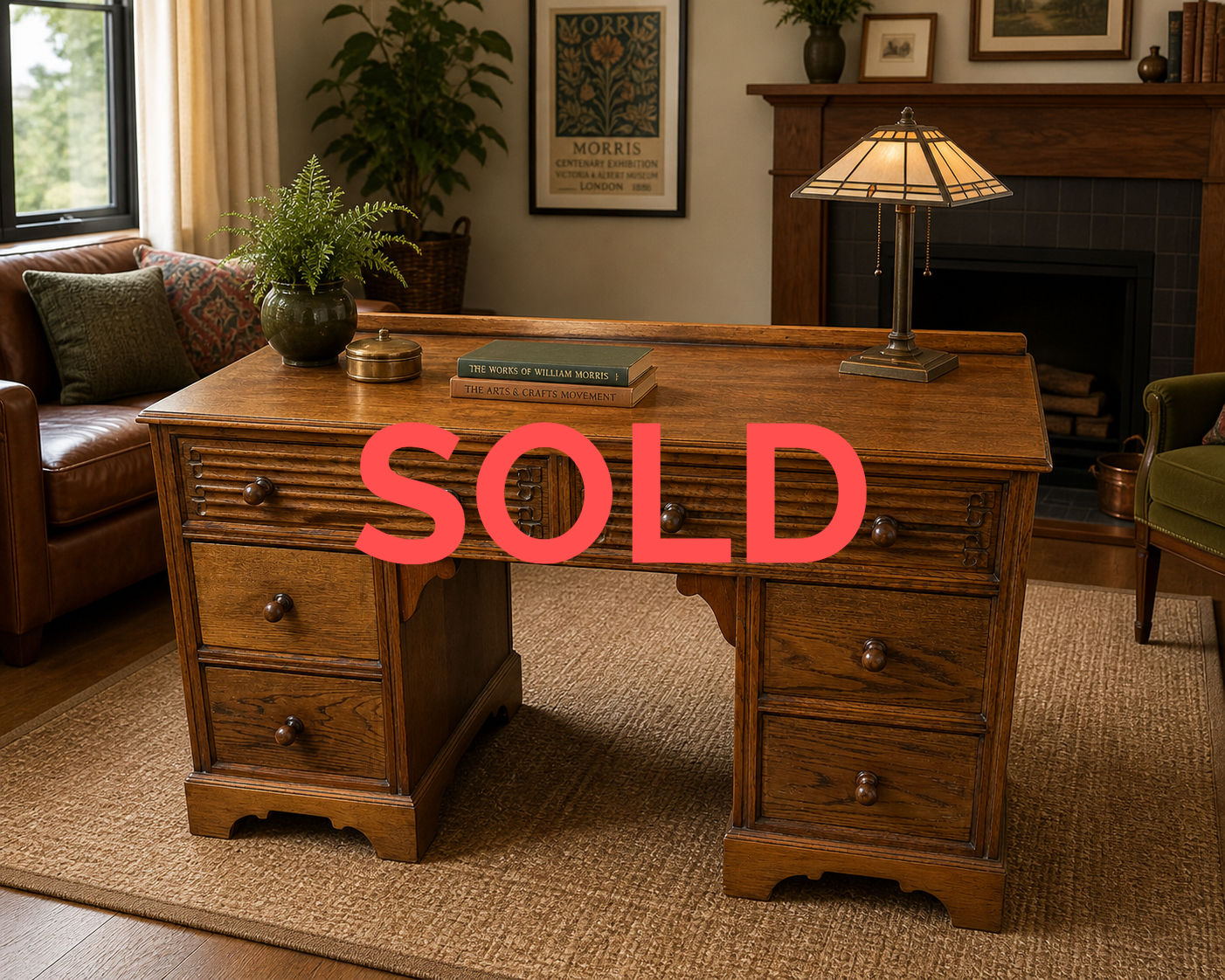 Solid Oak Arts & Crafts Pedestal Desk With Linenfold Design Top Drawers