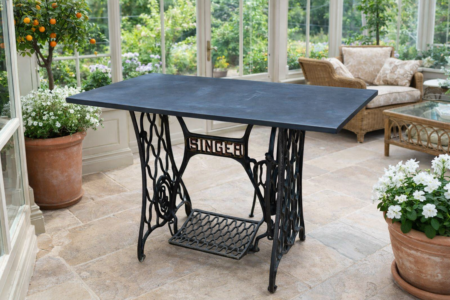 Slate Topped Cast Iron Singer Sewing Machine Table