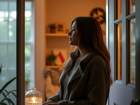 A woman considering her new environment in a clean, comfortable sober living house