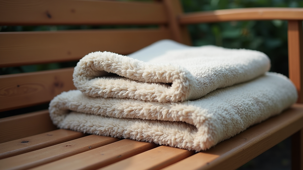 Eye-level view of a cozy pet blanket folded neatly on a wooden bench