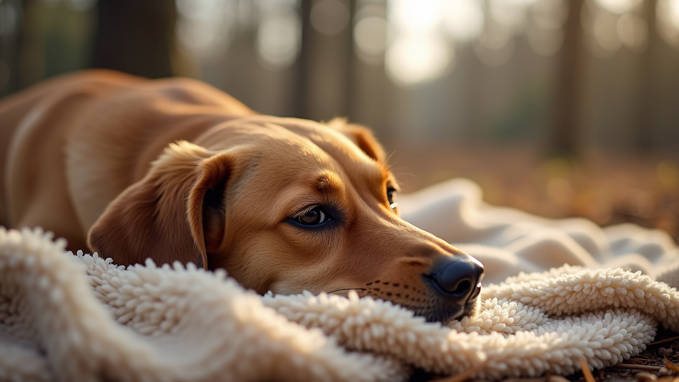 Close-up view of a dog resting on a warm blanket outdoors