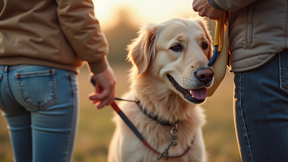 Close-up view of a volunteer handing a leash and pet supplies to a person with their dog