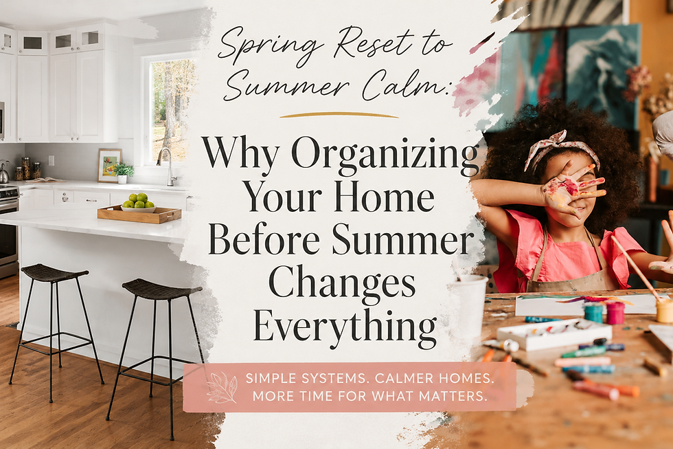 Professional organizer blog cover featuring a calm organized kitchen beside a busy child painting scene, representing the transition from clutter and overwhelm to a calmer, more functional home before summer.