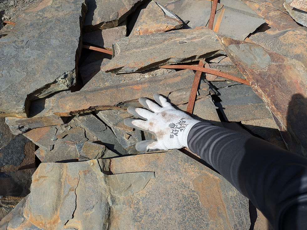 Miniatura: Hand on top of a pallet of Copper Ridge Iron Slate - 1" - 1 1/2" Patio showing scale