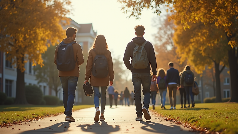 Eye-level view of a college campus with students walking