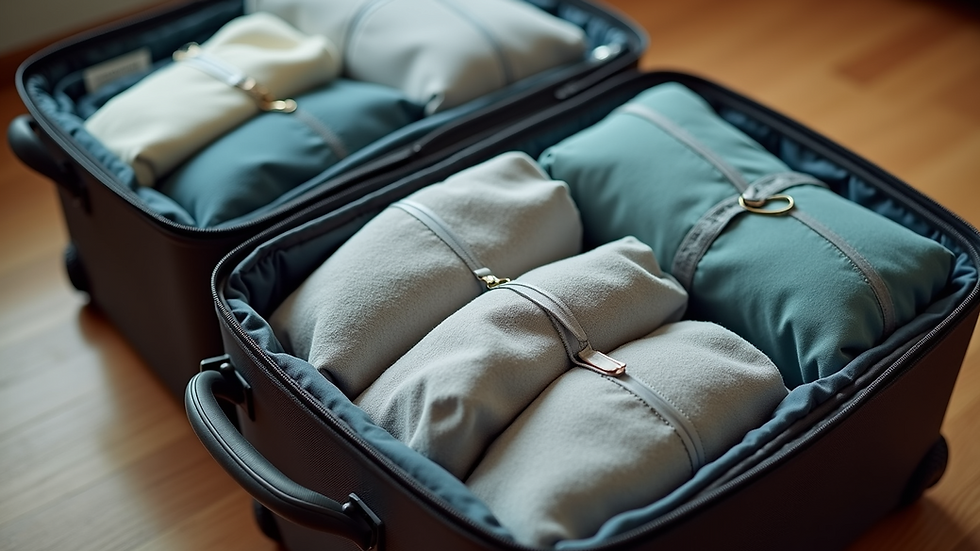 Eye-level view of a neatly packed suitcase with organized packing cubes