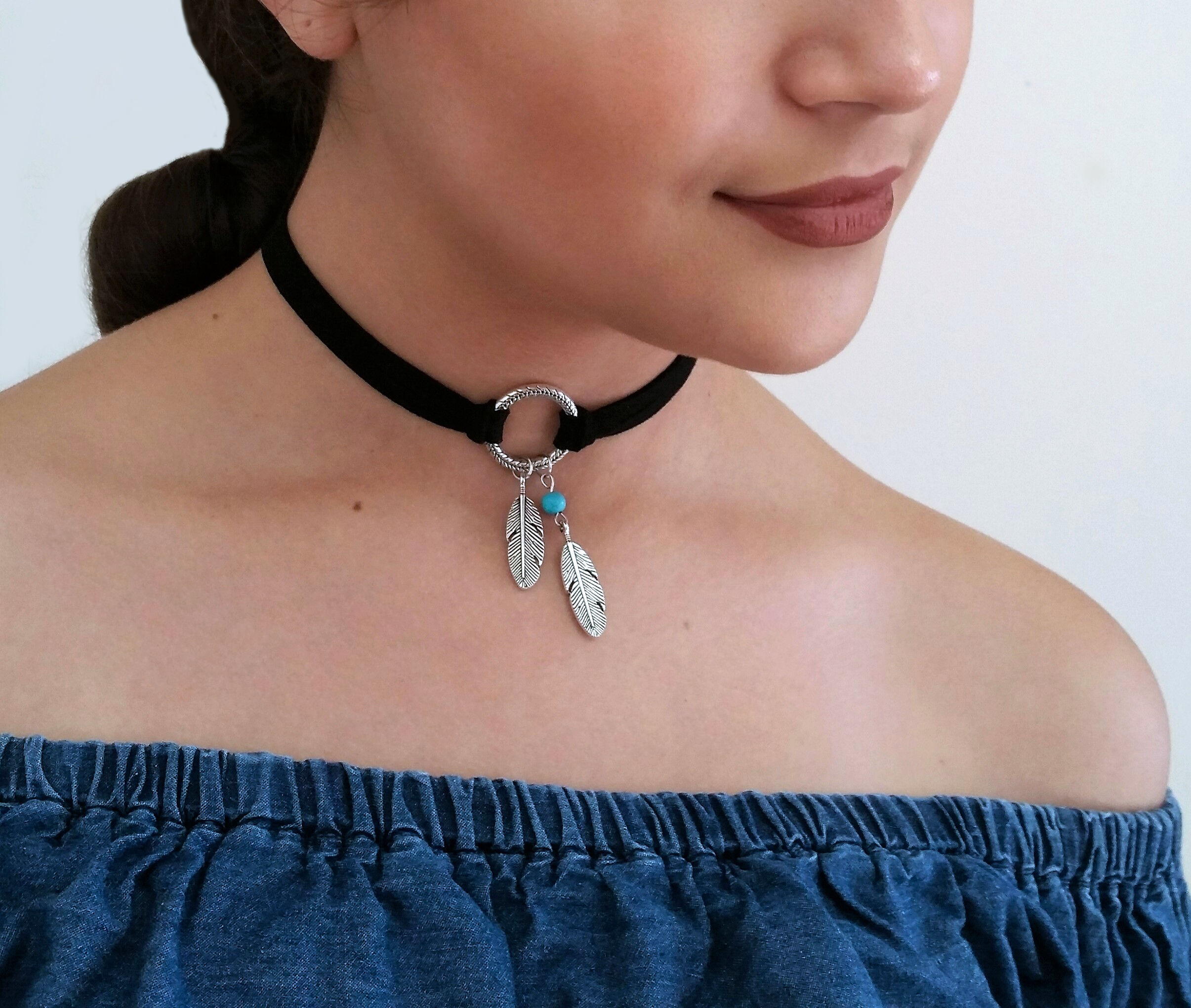 Black Suede Leather Fashion Choker, Feather Pendant Choker Necklace