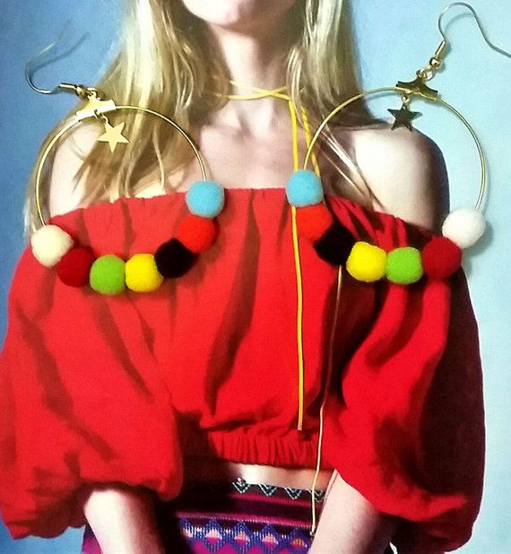 Thumbnail: Bohemian Style Dangle, Long, Pompom Hoop Earrings Multi - Color