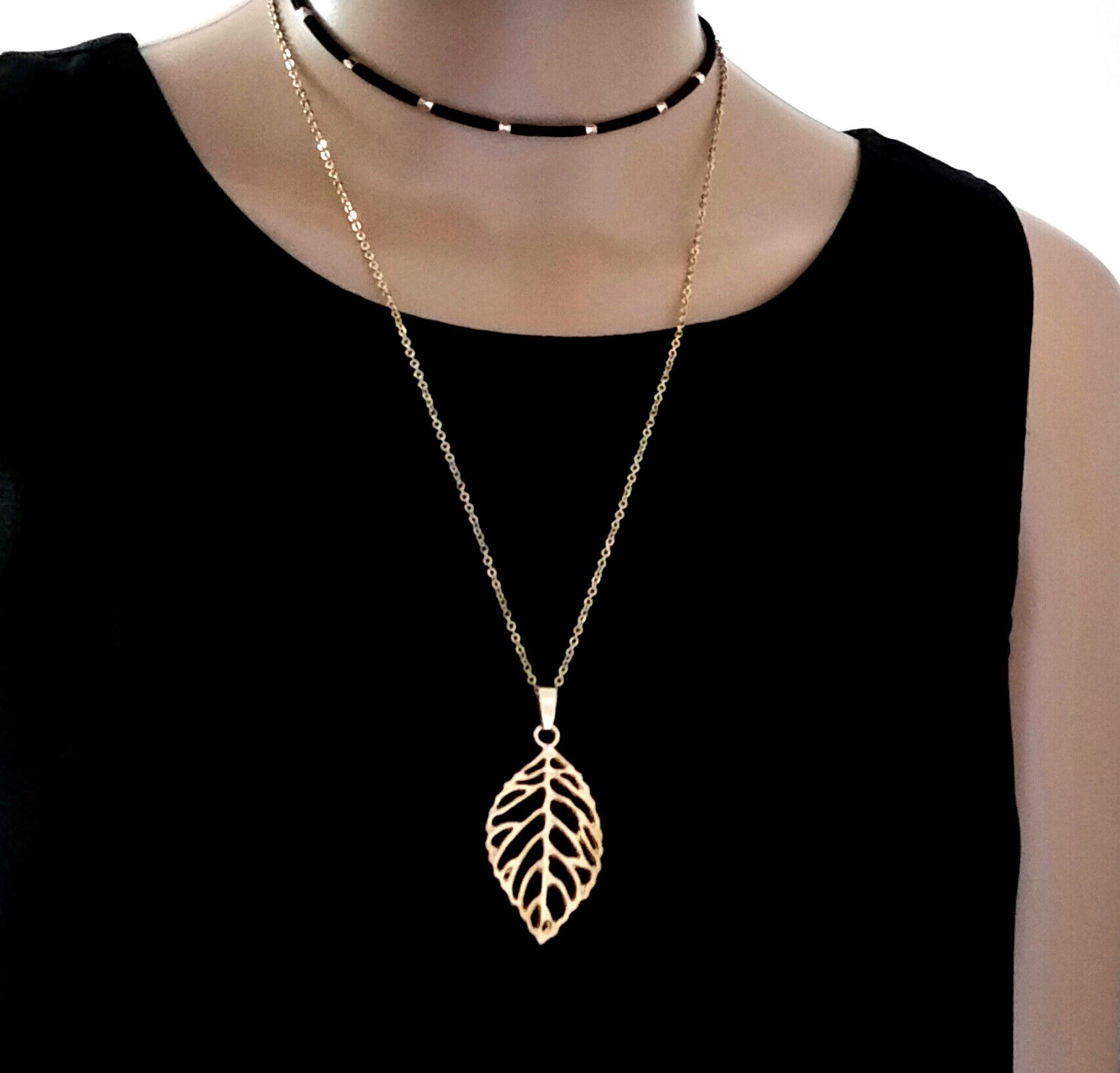 Double Layer Gold Leaf Pendant Necklace, Fashion long chain Choker Necklace