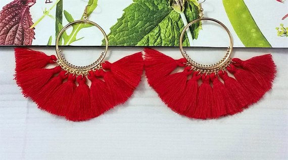 Thumbnail: Boho, Ethnic, Tassel Hoop Dangle Earrings Multi Colors