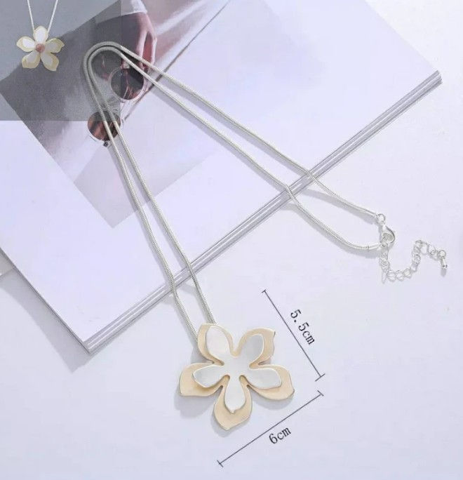 Thumbnail: Exaggerated, two-tone, flower pendant long necklace chain for women silver chain front view