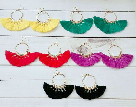 Thumbnail: Boho, Ethnic, Tassel Hoop Dangle Earrings Multi Colors