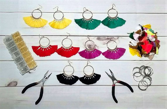 Thumbnail: Boho, Ethnic, Tassel Hoop Dangle Earrings Multi Colors