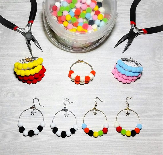Thumbnail: Bohemian Style Dangle, Long, Pompom Hoop Earrings Multi - Color