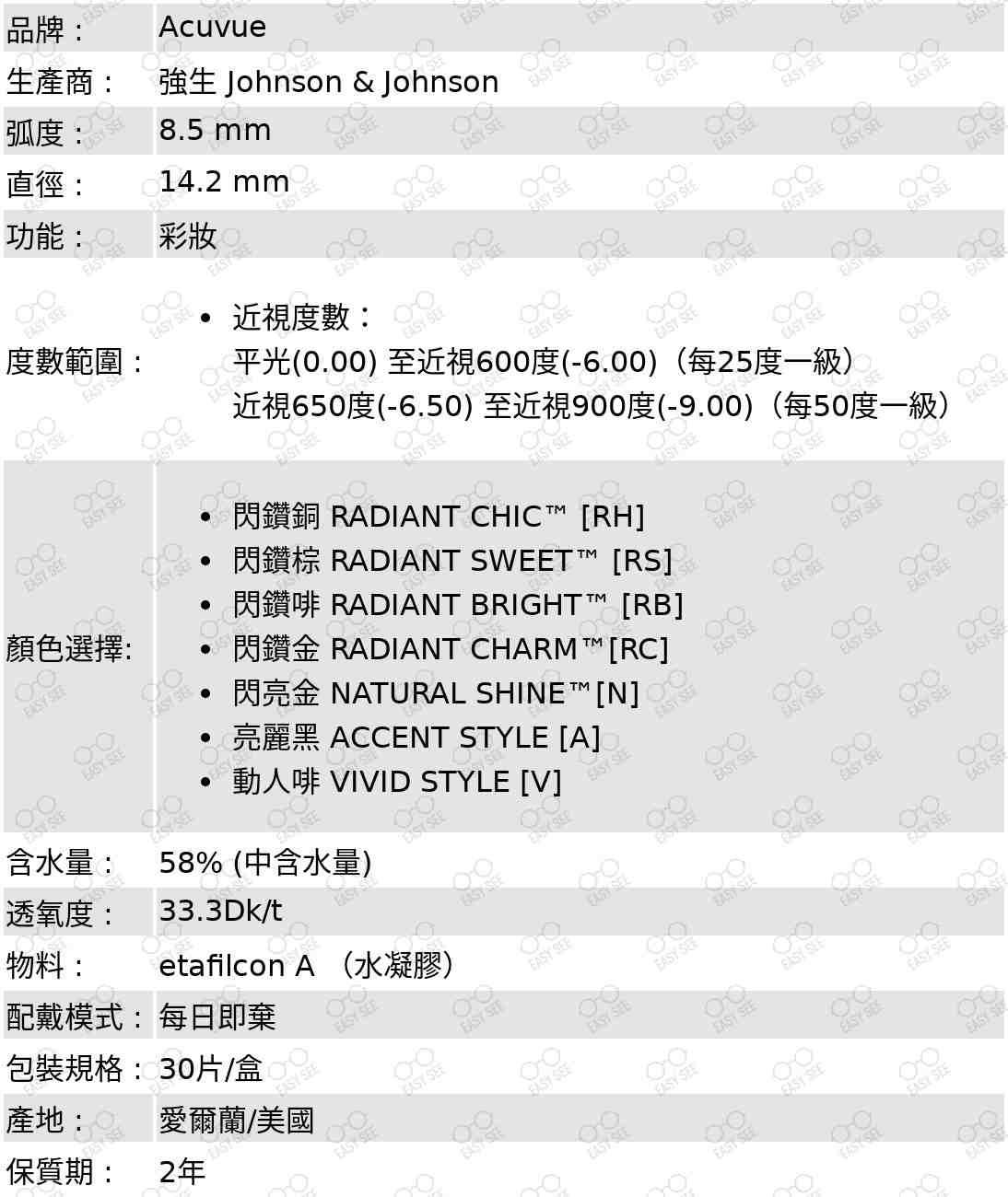 品牌:Acuvue;生產商:強生Johnson&Johnson;弧度:8.5mm;直徑:14.2mm;功能:彩妝;度數範圍:近視度數：;平光(0.00)至近視600度(-6.00)（每25度一級）;近視650度(-6.50)至近視900度(-9.00)（每50度一級）;顏色選擇:閃鑽銅RADIANTCHIC™[RH];閃鑽棕RADIANTSWEET™[RS];閃鑽啡RADIANTBRIGHT™[RB];閃鑽金RADIANTCHARM™[RC];閃亮金NATURALSHINE™[N];亮麗黑ACCENTSTYLE[A];動人啡VIVIDSTYLE[V];含水量:58%;透氧度:33.3Dk/t;配戴模式:每日即棄;包裝規格:30片/盒;產地:愛爾蘭／美國;保質期:2年