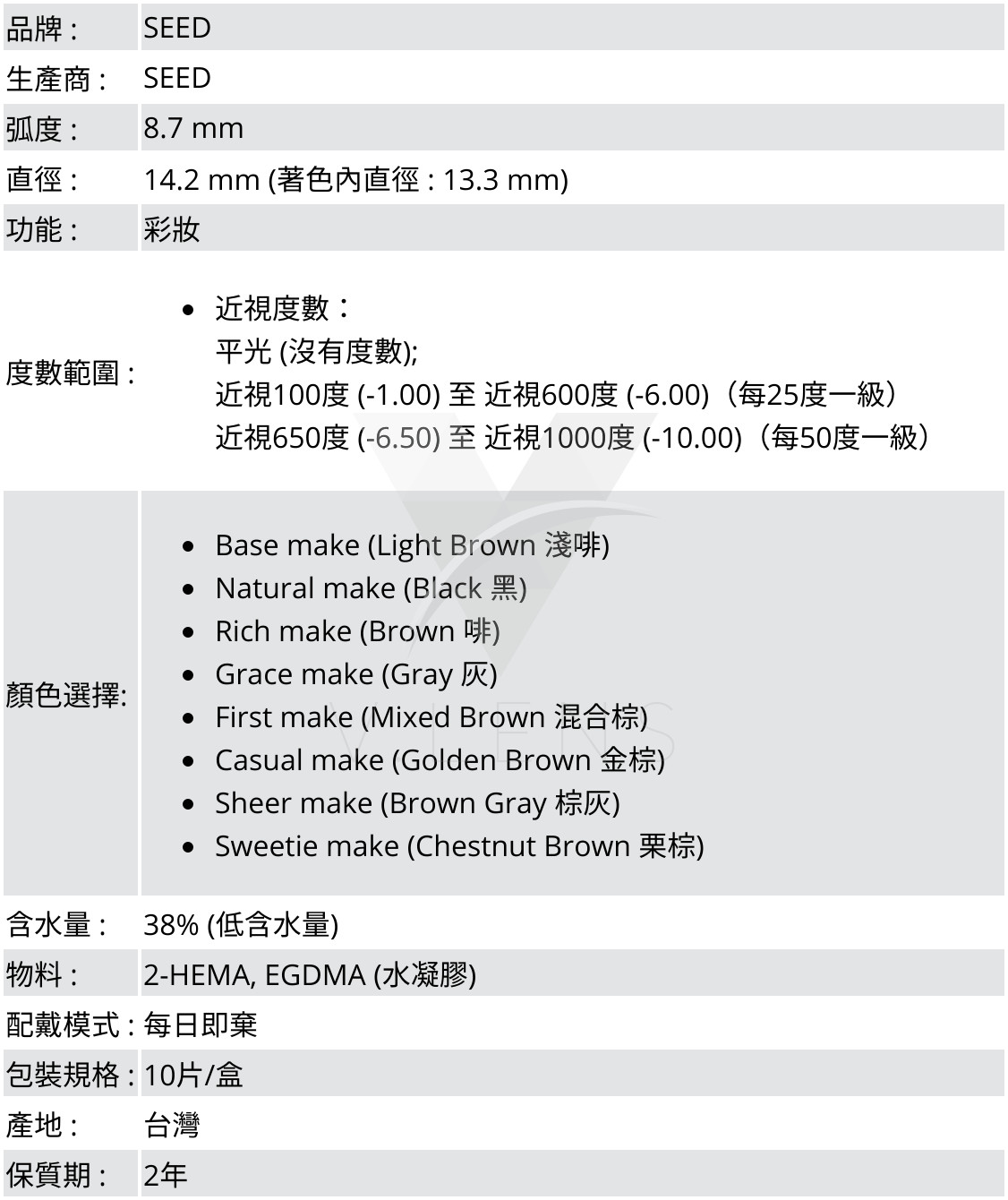 品牌 :SEED;生產商 :SEED;弧度 :8.7 mm;直徑 :14.2 mm (著色內直徑 : 13.3 mm);功能 : 彩妝;度數範圍 :近視度數：平光 (沒有度數); 近視100度 (-1.00) 至 近視600度 (-6.00)（每25度一級）,近視650度 (-6.50) 至 近視1000度 (-10.00)（每50度一級）;顏色選擇: Base make (Light Brown 淺啡),Natural make (Black 黑),Rich make (Brown 啡),Grace make (Grey 灰);First make (Mixed Brown 混合棕)含水量 : 38% (低含水量);物料 : 2-HEMA, EGDMA (水凝膠);配戴模式 : 每日即棄;包裝規格 : 10片/盒;產地 : 台灣;保質期 : 2年 