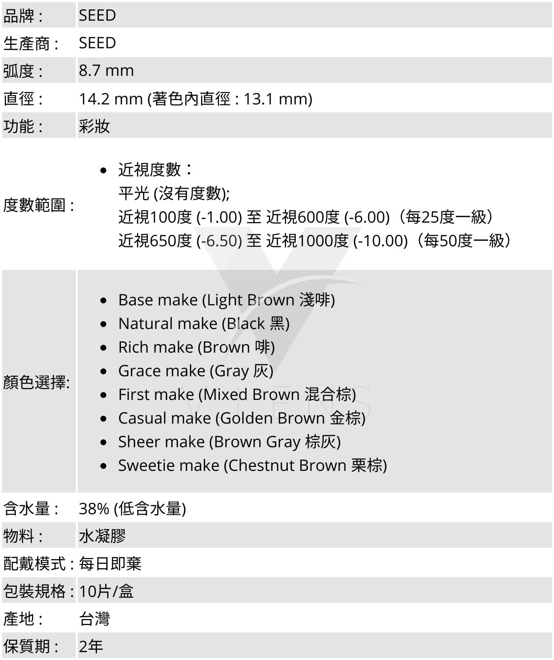 品牌 :SEED;生產商 :SEED;弧度 :8.7 mm;直徑 :14.2 mm (著色內直徑 : 13.3 mm);功能 : 彩妝;度數範圍 :近視度數：平光 (沒有度數); 近視100度 (-1.00) 至 近視600度 (-6.00)（每25度一級）,近視650度 (-6.50) 至 近視1000度 (-10.00)（每50度一級）;顏色選擇: Base make (Light Brown 淺啡),Natural make (Black 黑),Rich make (Brown 啡),Grace make (Grey 灰),First make (Mixed Brown 混合棕),Casual make,Sweetie make,Sheer make,含水量 : 38% (低含水量);物料 : 2-HEMA, EGDMA (水凝膠);配戴模式 : 每日即棄;包裝規格 : 30片/盒;產地 : 台灣;保質期 : 2年 
