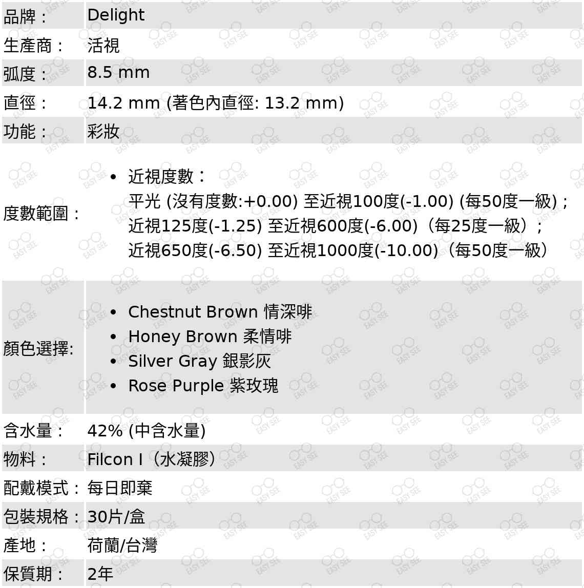 品牌 : Delight;生產商 : 活視;弧度 :8.5 mm;直徑 :14.2 mm;功能 : 彩妝;度數範圍 :近視度數:平光 (沒有度數:+0.00) 至近視100度(-1.00) (每50度一級) ; 近視125度(-1.25) 至近視600度(-6.00)(每25度一級); 近視650度(-6.50) 至近視1000度(-10.00)(每50度一級);顏色選擇: Chestnut Brown 情深啡,Honey Brown 柔情啡,Silver Gray 銀影灰,Rose Purple 紫玫瑰 ;含水量 : 42%;配戴模式 : 每日即棄;包裝規格 : 30片/盒;產地 : 荷蘭/台灣 ;保質期 : 2年