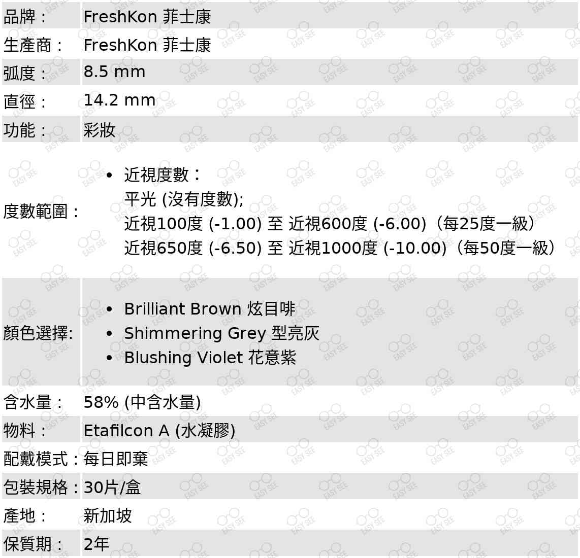 品牌 :FreshKon 菲士康;生產商 :FreshKon 菲士康;弧度 :8.5 mm;直徑 :14.2 mm;功能 : 彩妝;度數範圍 :近視度數：平光 (沒有度數); 近視100度 (-1.00) 至 近視600度 (-6.00)（每25度一級）,近視650度 (-6.50) 至 近視1000度 (-10.00)（每50度一級）;顏色選擇: Brilliant Brown 炫目啡,Shimmering Grey 型亮灰,Blushing Violet 花意紫;含水量 : 58% (中含水量);物料 : Etafilcon A (水凝膠);配戴模式 : 每日即棄;包裝規格 : 30片/盒;產地 : 新加坡;保質期 : 2年 