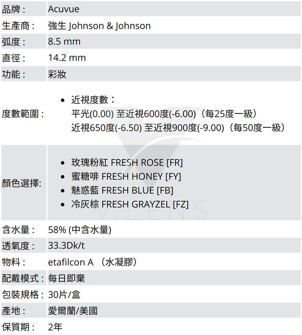 品牌:Acuvue;生產商:強生Johnson&Johnson;弧度:8.5mm;直徑:14.2mm;功能:彩妝;度數範圍:近視度數：;平光(0.00)至近視600度(-6.00)（每25度一級）;近視650度(-6.50)至近視900度(-9.00)（每50度一級）;顏色選擇:玫瑰粉紅 FRESH ROSE [FR],蜜糖啡 FRESH HONEY [FY],魅惑藍 FRESH BLUE [FB],冷灰棕 FRESH GRAYZEL [FZ];含水量:58%;透氧度:33.3Dk/t;配戴模式:每日即棄;包裝規格:30片/盒;產地:愛爾蘭／美國;保質期:2年