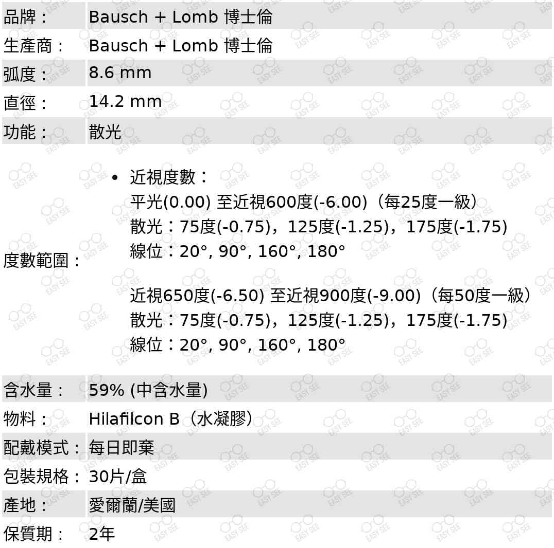 品牌 :Bausch + Lomb 博士倫 ; 生產商 :Bausch + Lomb 博士倫 ;弧度 :8.6 mm;直徑 :14.2 mm;功能 : 散光;度數範圍 :近視度數：平光(0.00) 至近視600度(-6.00)（每25度一級）,散光：75度(-0.75)，125度(-1.25)，175度(-1.75),線位：20°, 90°, 160°, 180°;近視650度(-6.50) 至近視900度(-9.00)（每50度一級）,散光：75度(-0.75)，125度(-1.25)，175度(-1.75),線位：20°, 90°, 160°, 180°;含水量:59%;配戴模式 :每日即棄;包裝規格 :30片/盒;產地 : 愛爾蘭／美國;保質期 : 2年