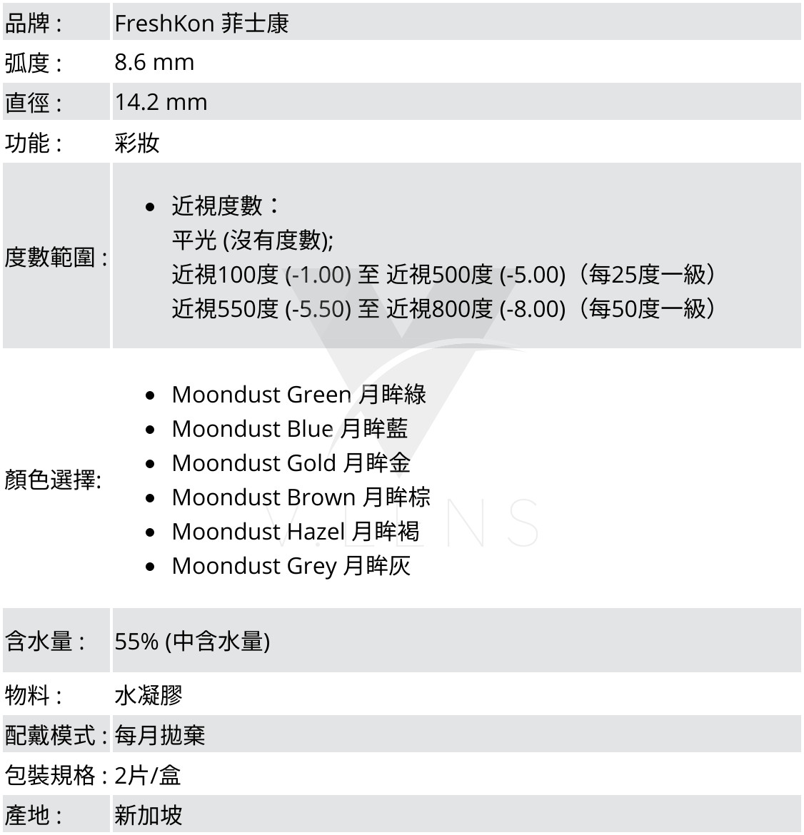 品牌 :FreshKon 菲士康;生產商 :FreshKon 菲士康;弧度 :8.6 mm;直徑 :14.2 mm;功能 : 	彩妝;度數範圍 :近視度數：平光 (沒有度數); 近視100度 (-1.00) 至 近視500度 (-5.00)（每25度一級）,近視550度 (-5.50) 至 近視800度 (-8.00)（每50度一級）;顏色選擇:	Moondust Green 月眸綠,Moondust Blue 月眸藍,Moondust Gold 月眸金,Moondust Brown 月眸棕,Moondust Hazel 月眸褐,Moondust Grey 月眸灰;含水量 :	55% (中含水量);物料 :	Hema Copolymer (水凝膠);配戴模式 :	每月即棄;包裝規格 :	2片/盒;產地 : 	新加坡;保質期 :  	2年 