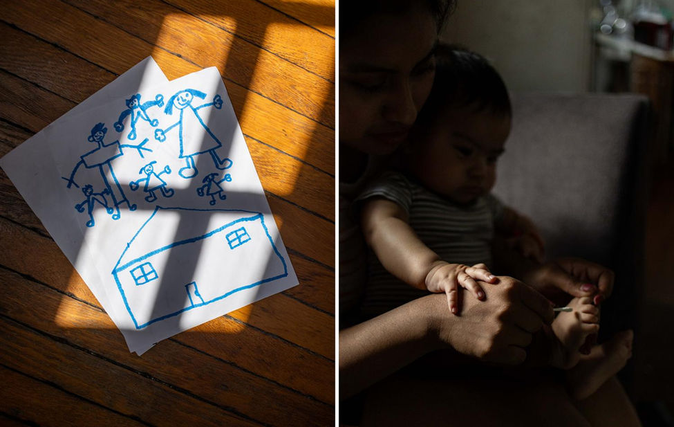 Photographs of an immigrant child and his drawings by photographer Emily Whitney.