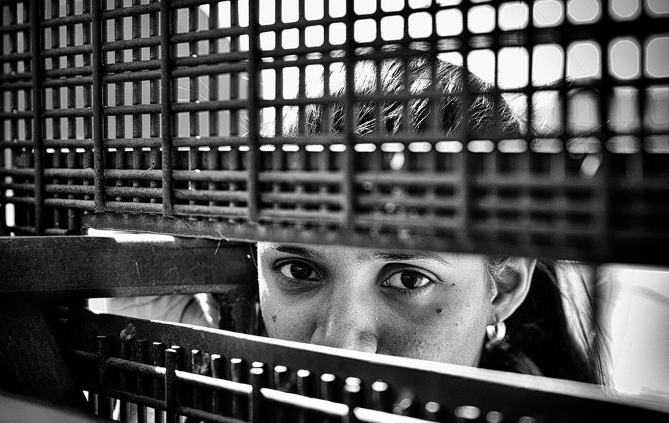 Photograph of a migrant at the border wall.