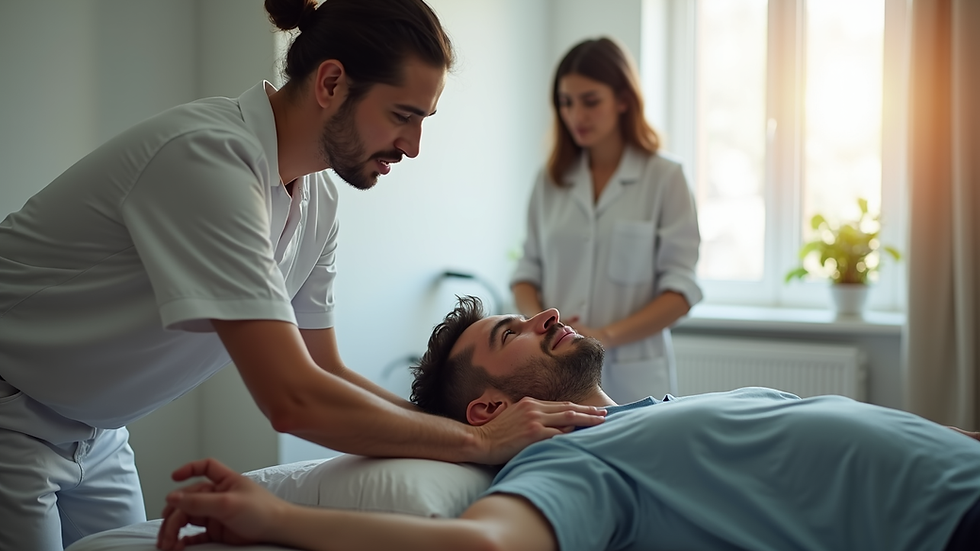 Vista lateral de un kinesiólogo aplicando drenaje postural a un paciente en domicilio