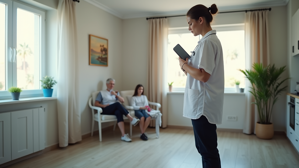 Vista a nivel de un kinesiólogo realizando terapia física en el hogar de un paciente en Concón