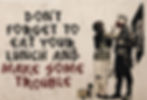 A grandmother adjusts the mask of an anarchist punk. Words say don't forget to eat your lulnch and make some trouble.