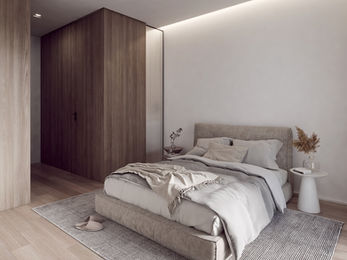 Visualização 3D de quarto com roupeiro em madeira e iluminação indirecta – projecto de remodelação de interiores, Lome Building
