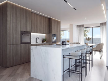 Visualização 3D de cozinha com ilha em pedra e armários em madeira – projecto de remodelação de cozinha, Lome Building