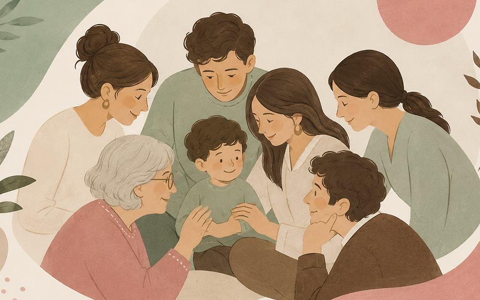 Ilustração de uma criança sendo protegida por outros adultos.