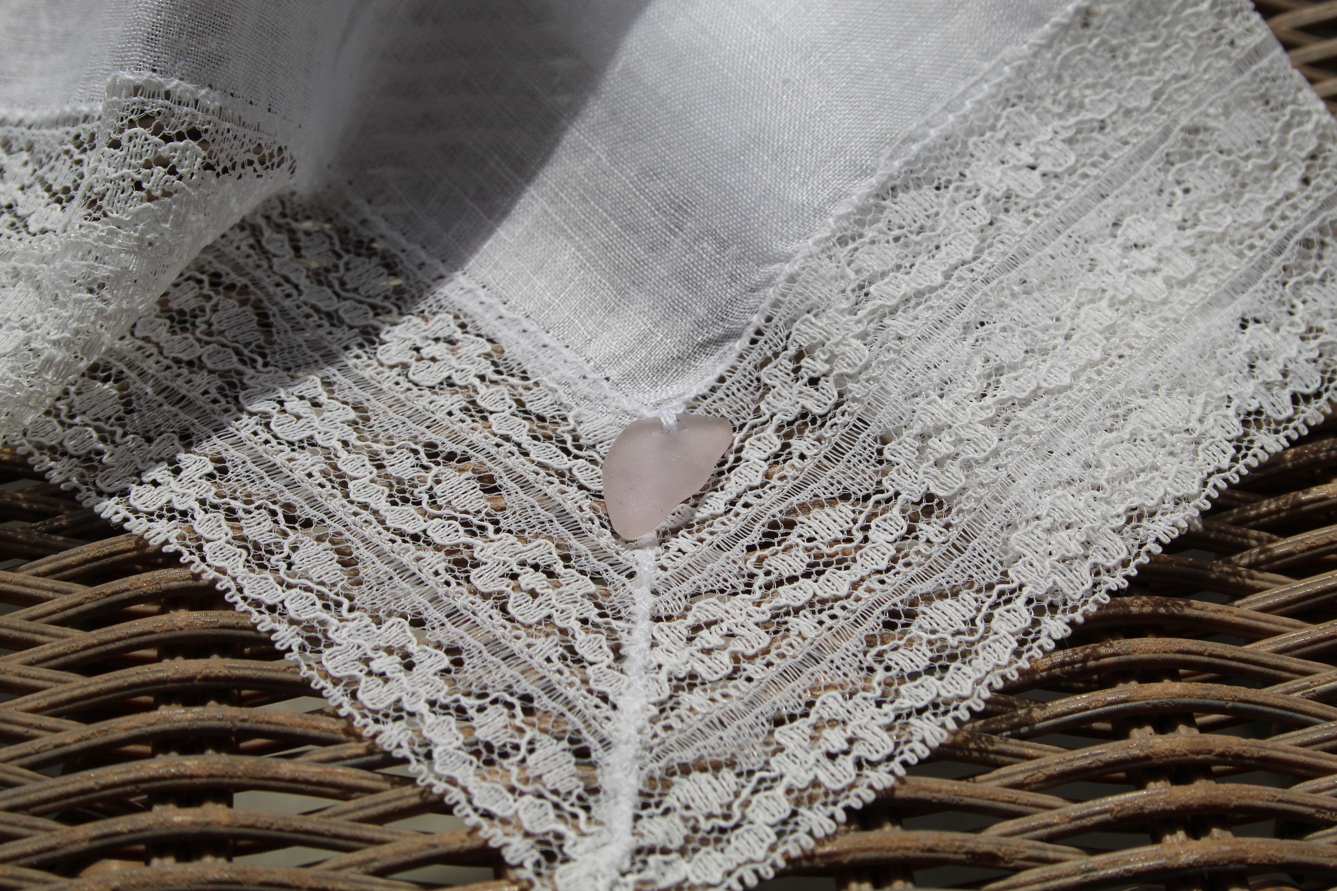 Lace handkerchief with lavender sea glass sewn on bridal handkerchief