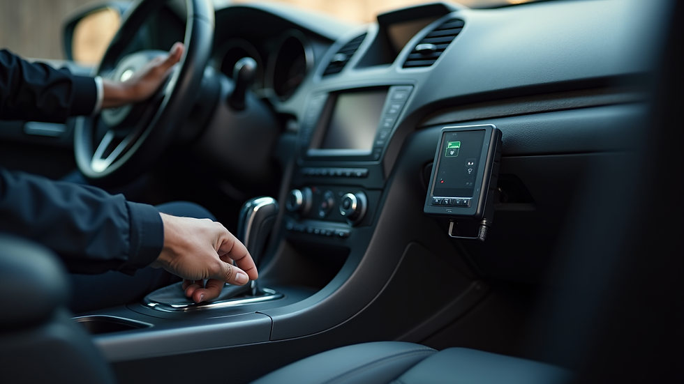 Close-up view of a car diagnostic device connected to a vehicle's electronic system