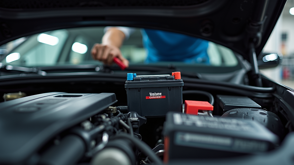 Eye-level view of a car service technician installing a Varta battery in a vehicle