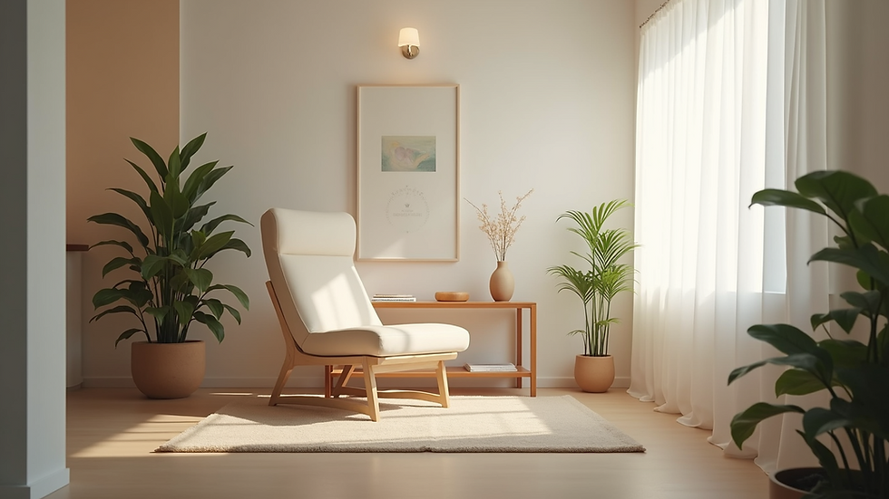 Eye-level view of a therapy room with a comfortable chair and soft lighting