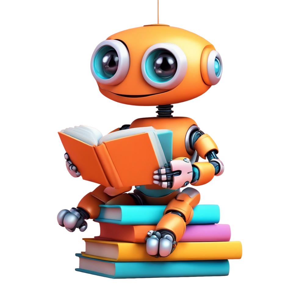 A cute small cartoon robot with big friendly eyes and a round body sitting on a stack of c