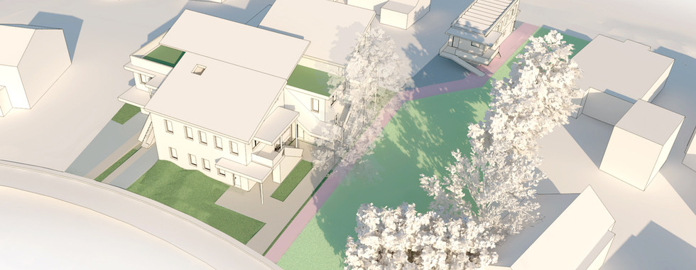 3D architectural rendering showing new construction housing units with entries, sidewalks, and the street..