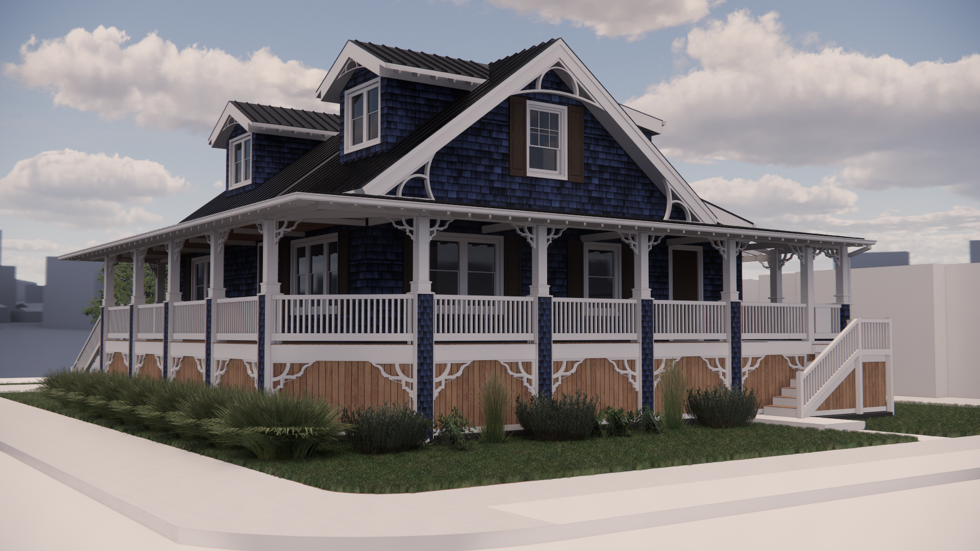 Corner rendering of two story cape may beach cottage concept with blue cedar siding and white trim