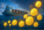 Cargo ship on the ocean with stacked containers against a cloudy sky. Golden digital coins connected by lines float in the foreground.