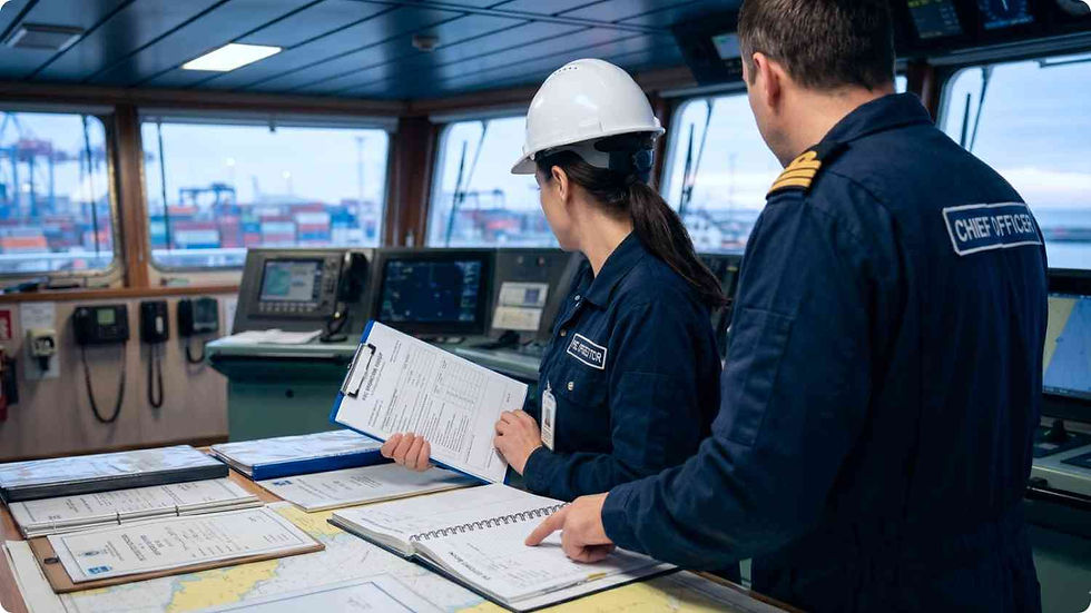 A Port State Control (PSC) maritime inspector holding a clipboard while reviewing documentation and equipment during an official onboard inspection, accompanied professionally by a ship's officer.