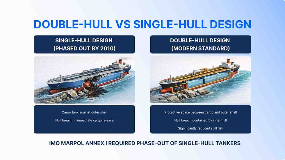 Comparison of single-hull and double-hull tanker designs. Blue single-hull leaks on rocks; double-hull contains breach. Text highlights spill risk.
