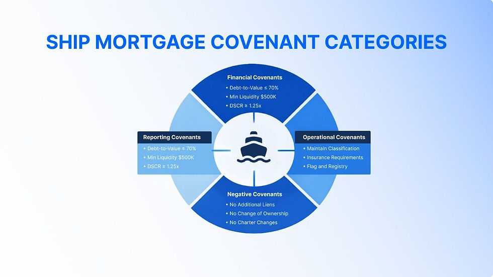Infographic titled "Ship Mortgage Covenant Categories" with a circular chart detailing Financial, Reporting, Operational, and Negative Covenants.