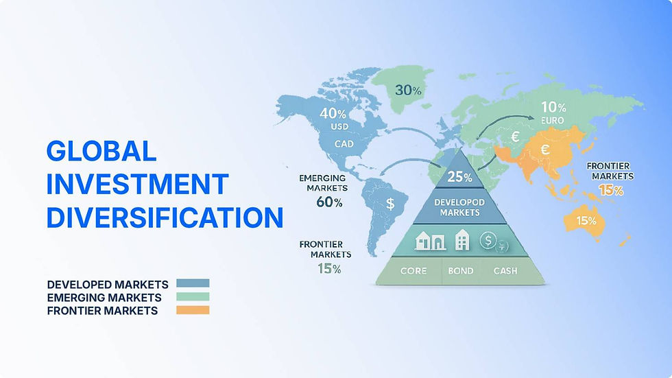 Global Investment Diversification infographic with a world map, market percentages, and labels for Developed, Emerging, and Frontier Markets.