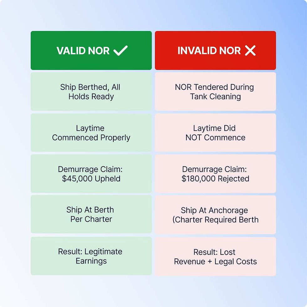 Chart comparing valid and invalid NOR. Valid: green, "Ship Berthed, Earnings." Invalid: red, "Tank Cleaning, Lost Revenue." Light blue background.