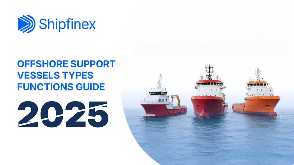 Three colorful offshore vessels on blue sea; text: "Shipfinex Offshore Support Vessels Types Functions Guide 2025."