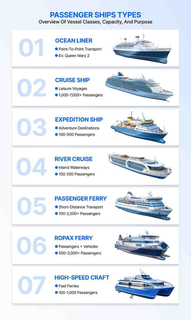 Infographic of 7 passenger ship types with images: Ocean Liner, Cruise Ship, Expedition Ship, River Cruise, Passenger Ferry, Ropax Ferry, High-Speed Craft.