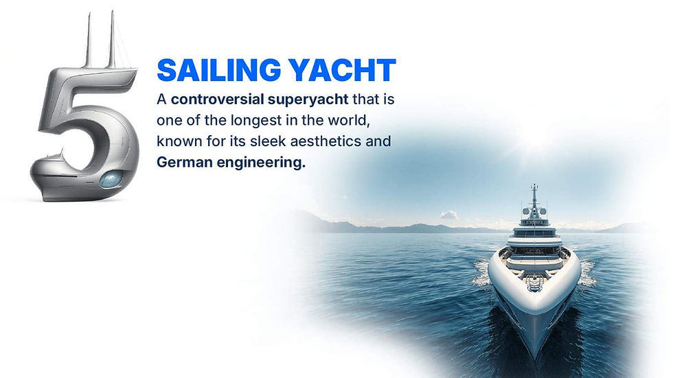 Sleek superyacht glides on calm blue sea under clear sky, with text highlighting its length and German engineering. Large silver "5".